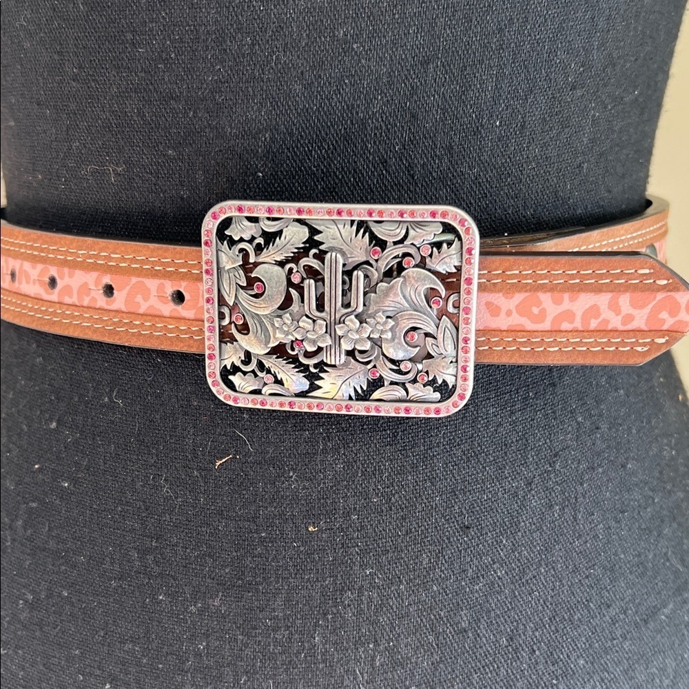 Catchfly Girl’s Silver Tone Pink Rhinestones Accent Cactus Floral Buckle Belt M